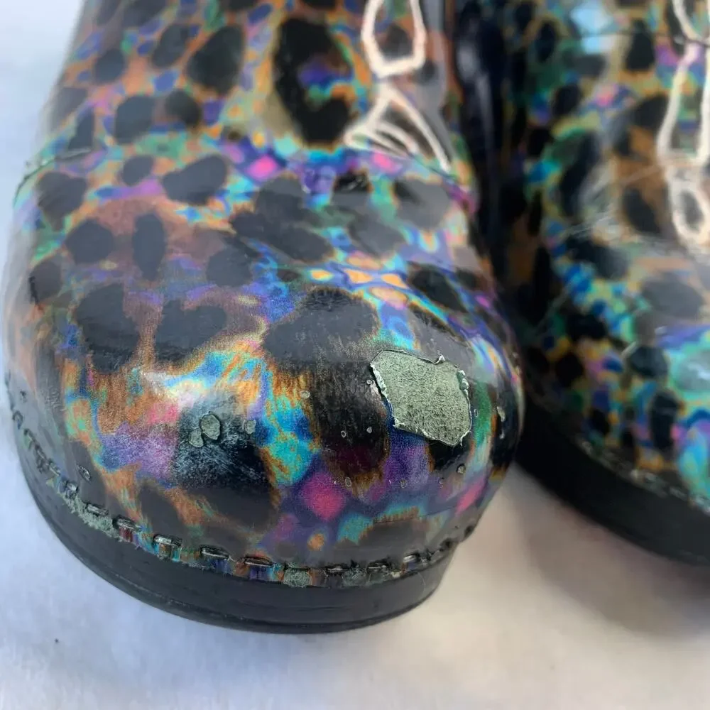 Dansko Rainbow Cheetah Leopard Gloss Womens Sz 38 Slip On Clogs Shoes Nursing